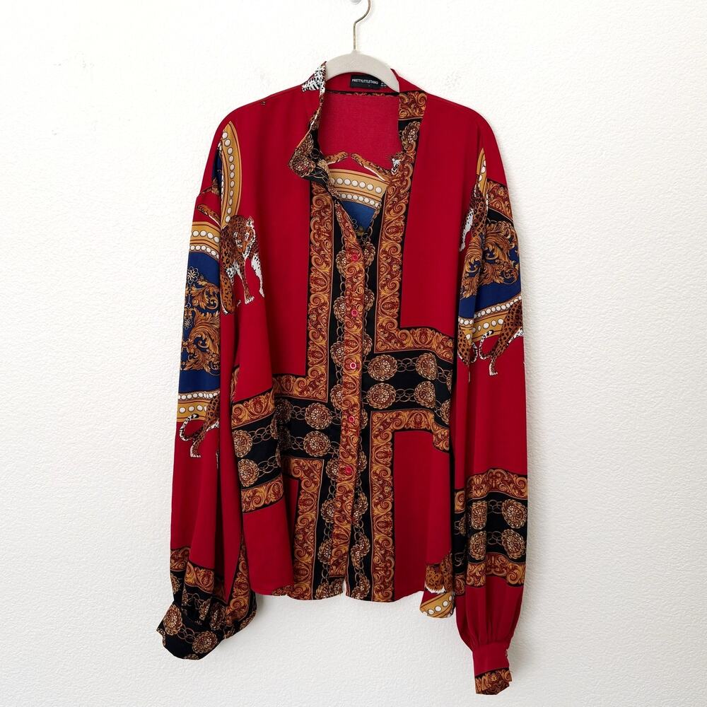 [PrettyLittleThing] Red Baroque Scarf Print Oversized Button Down Shirt Size XL